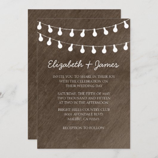 Rustic String of Lights Wedding Invitations Kaart (Voorkant / Achterkant)