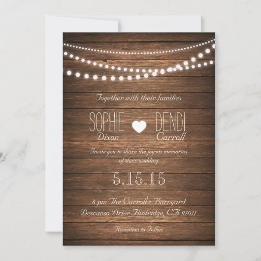 Rustic String of Lights Wedding Invite (Off White) Kaart (Voorkant)