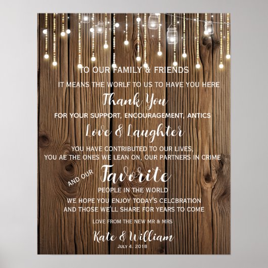 Rustic string van het licht Dank je trouwbord Poster (Voorkant)