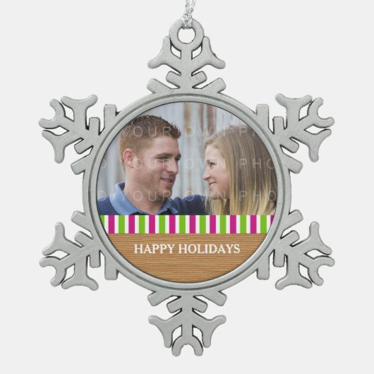 Rustic Stripes Holiday Photo Pewter Ornament (Voorkant)