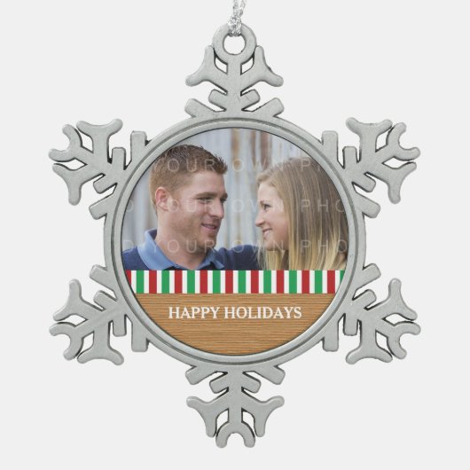 Rustic Stripes Holiday Photo Pewter Ornament (Voorkant)