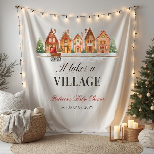 Rustic Stroller Village Houses Winter Baby Shower Wandkleed