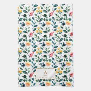 Rustic Stylish Yellow Waterverf Flowers Monogram Theedoek