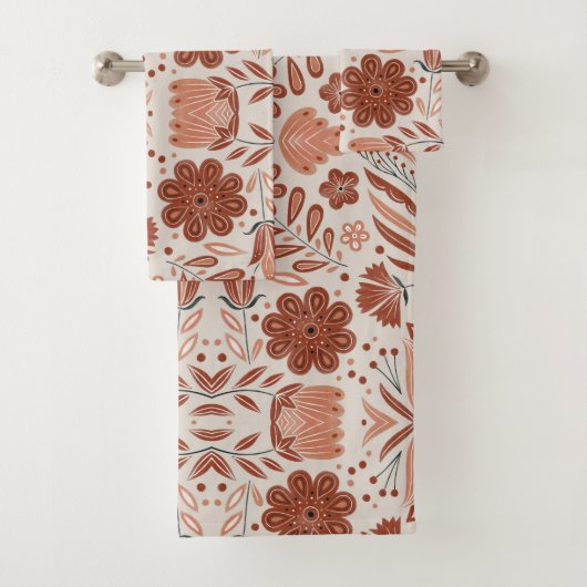 Rustic Stylized Terracotta Floral Pattern Bad Handdoek (Insitu)