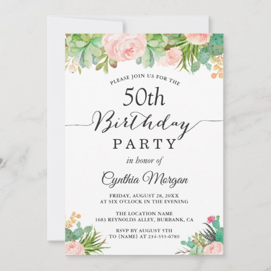 Rustic Succulent Cactus Floral 50e verjaardag Kaart (Voorkant)