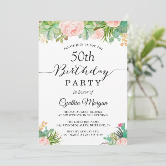 Rustic Succulent Cactus Floral 50e verjaardag Kaart (Staand voorkant)