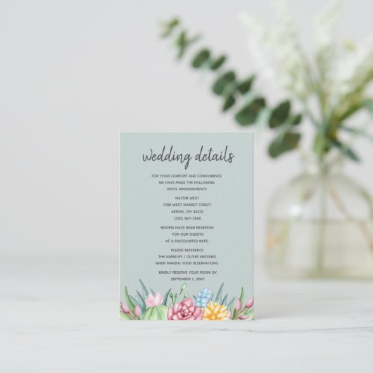 Rustic Succulent Cactus Roos Floral Wedding Informatiekaartje (Staand voorkant)