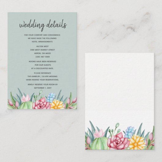 Rustic Succulent Cactus Roos Floral Wedding Informatiekaartje (Voorkant / Achterkant)