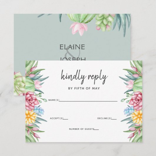 Rustic Succulent Cactus Roos Floral Wedding RSVP Kaartje (Voorkant / Achterkant)