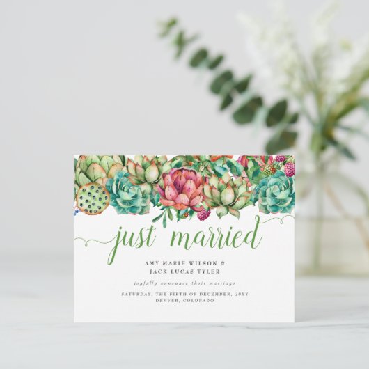 Rustic Succulent Cactus Wedding Announcement Briefkaart (Staand voorkant)