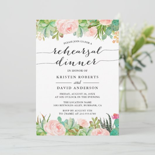 Rustic Succulent Cactus Wedding Rehearsal Dinner Kaart (Staand voorkant)