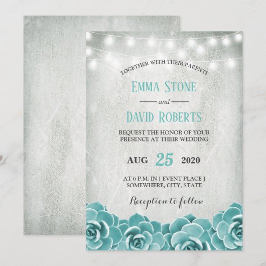 Rustic Succulent Floral String Lights Wedding Kaart (Voorkant / Achterkant)