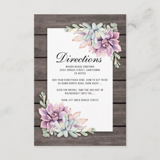 Rustic Succulent Floral Wedding Routebeschrijving Informatiekaartje (Voorkant)