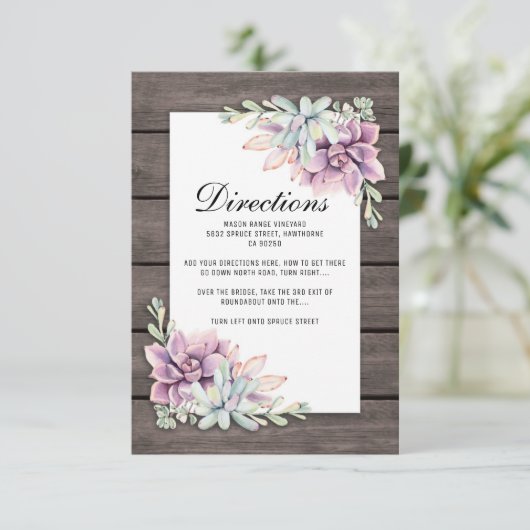 Rustic Succulent Floral Wedding Routebeschrijving Informatiekaartje (Staand voorkant)