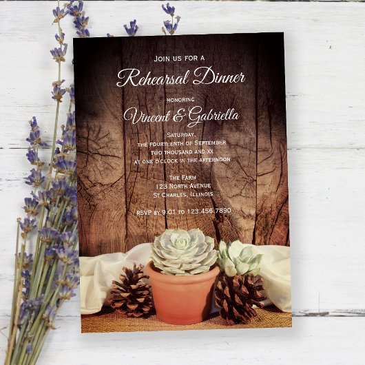 Rustic Succulents and Barn Wood Rehearsal Dinner Kaart