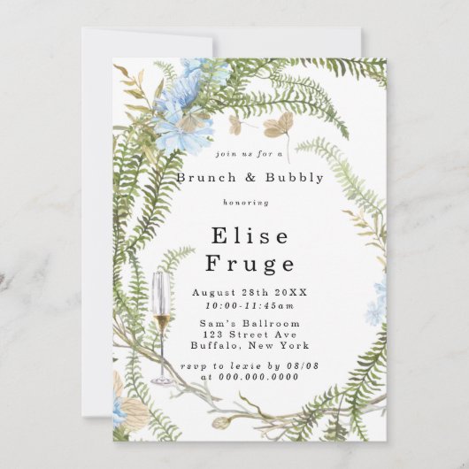 Rustic Summer Fern Wreath Brunch & Bubble Invitati Kaart (Voorkant)