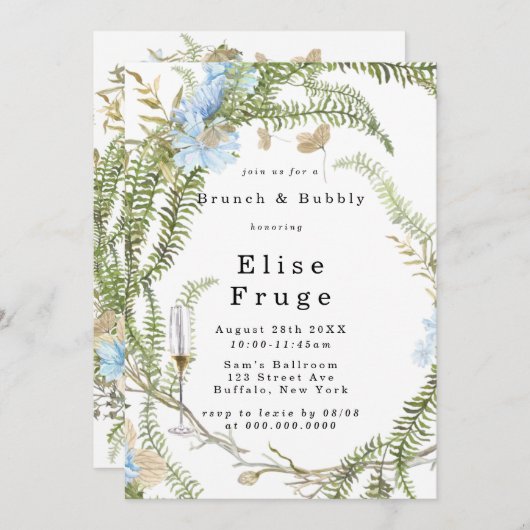 Rustic Summer Fern Wreath Brunch & Bubble Invitati Kaart (Voorkant / Achterkant)