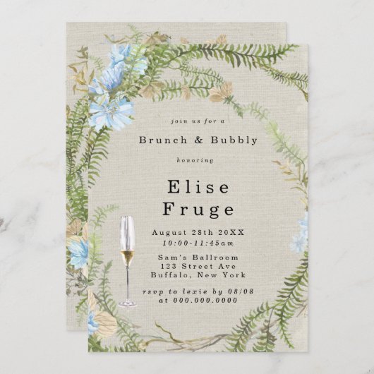 Rustic Summer Fern Wreath Brunch & Bubble Invitati Kaart (Voorkant / Achterkant)