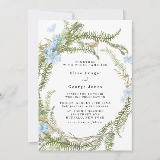 Rustic Summer Fern Wreath Butterfly Wedding Invita Kaart (Voorkant)