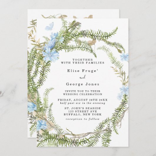 Rustic Summer Fern Wreath Butterfly Wedding Invita Kaart (Voorkant / Achterkant)