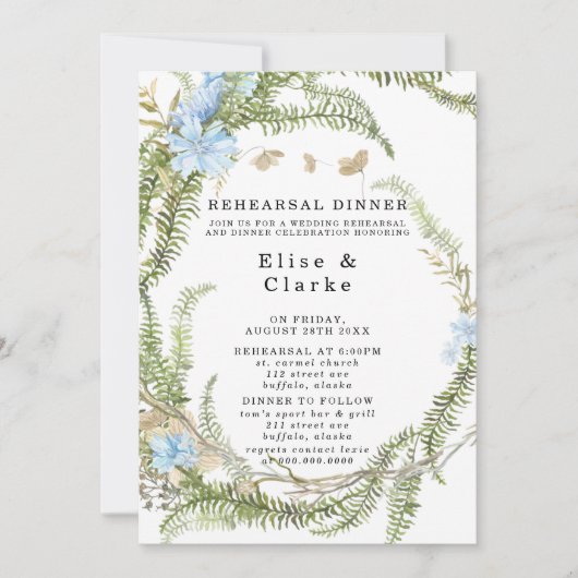 Rustic Summer Fern Wreath Rehearsal Dinner Invitat Kaart (Voorkant)
