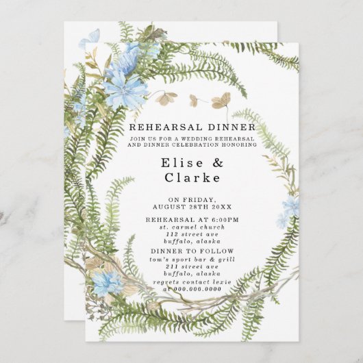 Rustic Summer Fern Wreath Rehearsal Dinner Invitat Kaart (Voorkant / Achterkant)