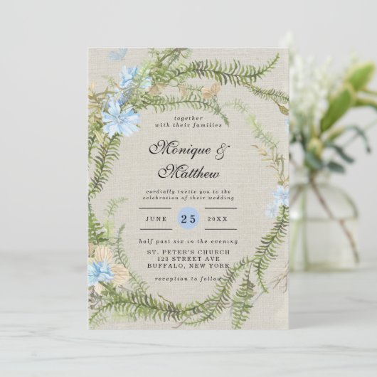 Rustic Summer Fern Wreath Wedding Kaart (Staand voorkant)