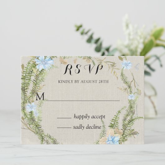 Rustic Summer Fern Wreath Wedding Rsvp Kaart (Staand voorkant)