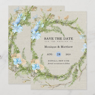 Rustic Summer Fern Wreath Wedding Save the Date Kaart