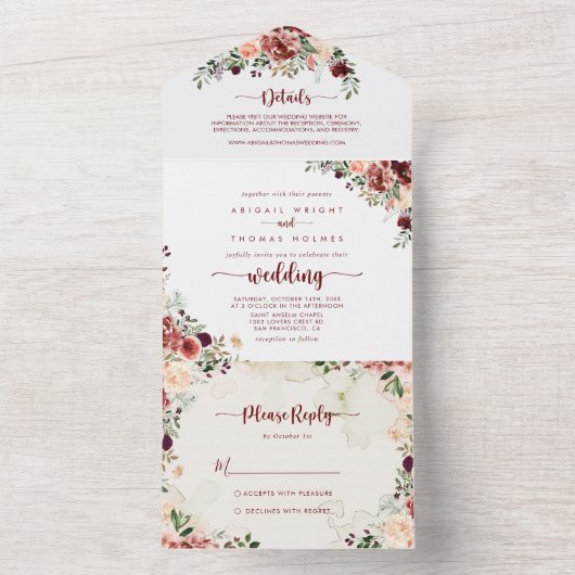 Rustic Summer Floral Calligraphy Wedding All In One Uitnodiging (Binnen)