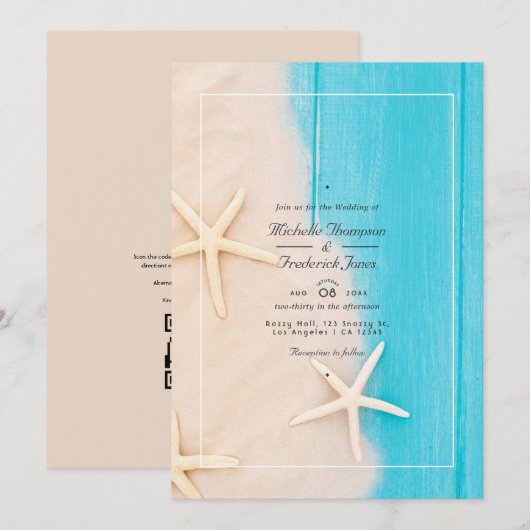 Rustic Summer QR Code RSVP Strand Huwelijk Kaart (Voorkant / Achterkant)