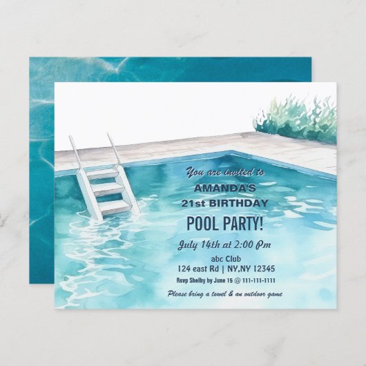 Rustic Summer Swimming Pool Party Birthday  Invite (Voorkant / Achterkant)