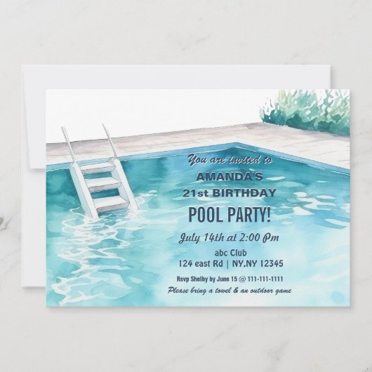 Rustic Summer Swimming Pool Party Birthday Invite Kaart (Voorkant)