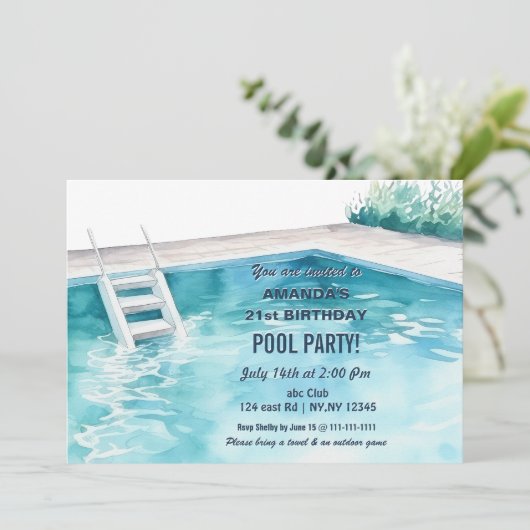 Rustic Summer Swimming Pool Party Birthday  Invite Kaart (Staand voorkant)