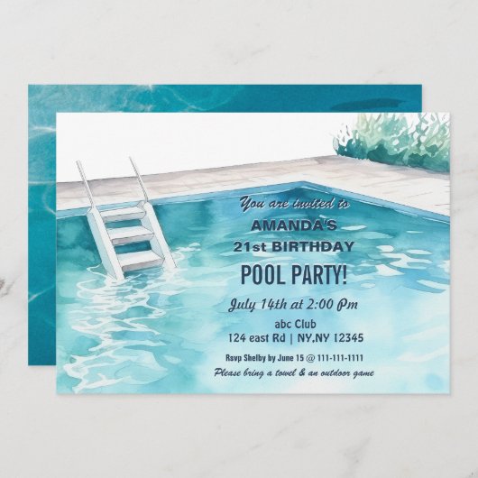 Rustic Summer Swimming Pool Party Birthday  Invite Kaart (Voorkant / Achterkant)