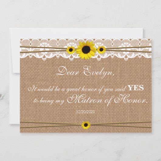 Rustic Sun Flower zal mijn matron zijn. Kaart (Achterkant)