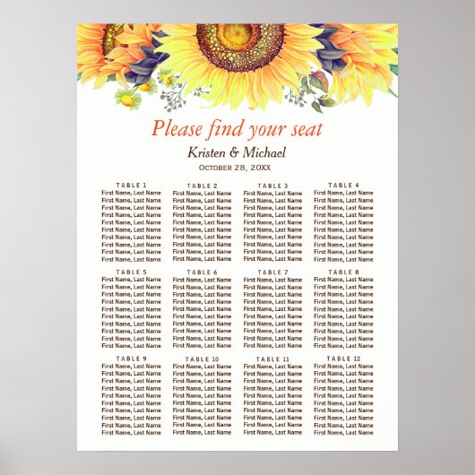Rustic Sunflower 12 Tables Wedding Seating Chart Poster (Voorkant)