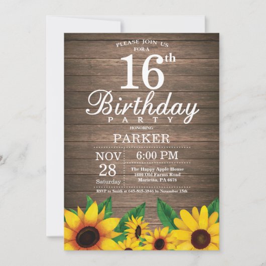 Rustic Sunflower 16th Birthday Uitnodiging (Voorkant)
