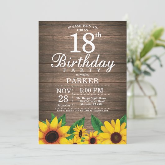 Rustic Sunflower 18th Birthday Uitnodiging (Staand voorkant)