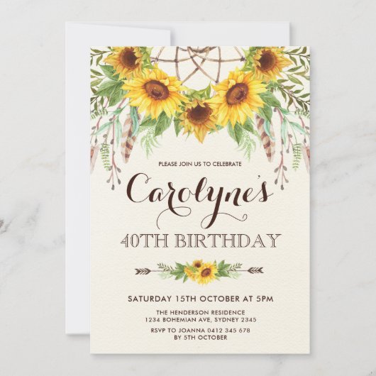 Rustic Sunflower 40th Birthday Boho Yellow Floral Kaart (Voorkant)
