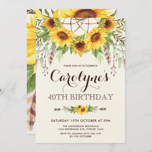Rustic Sunflower 40th Birthday Boho Yellow Floral Kaart (Voorkant / Achterkant)