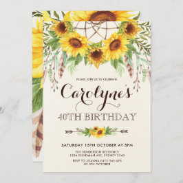Rustic Sunflower 40th Birthday Boho Yellow Floral Kaart
