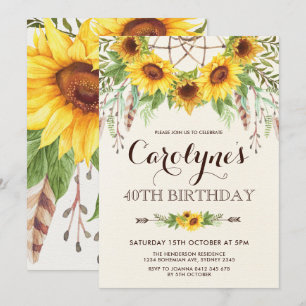Rustic Sunflower 40th Birthday Boho Yellow Floral Kaart