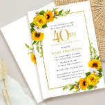 Rustic Sunflower 40th Birthday Party Kaart<br><div class="desc">gele zonnebloem 40e verjaardag uitnodiging. Gele pinda's en witte madijzen met de zonnebloemen. Een rechthoekig gouden lijst geeft het een elegante vibe. De 40ste verjaardag van de verjaardag van de viering en de naam van de viant zijn in goud geschreven. Heel eenvoudig aan te passen. Die rug is wit met...</div>