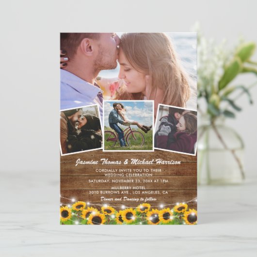 Rustic Sunflower 4 Uitnodiging tot fotoweddenschap (Staand voorkant)