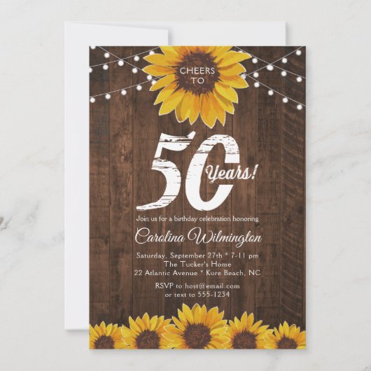 Rustic Sunflower 50th Birthday String Lights Kaart (Voorkant)