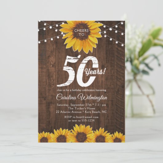 Rustic Sunflower 50th Birthday String Lights Kaart (Staand voorkant)