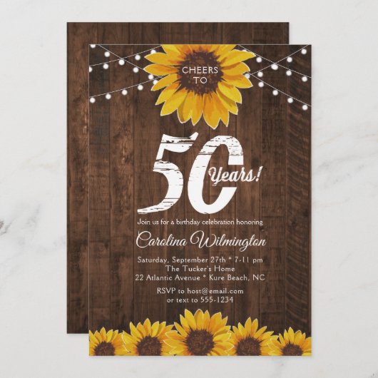 Rustic Sunflower 50th Birthday String Lights Kaart (Voorkant / Achterkant)