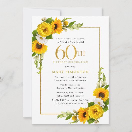 Rustic Sunflower 60th Birthday Party Invitation Kaart (Voorkant)