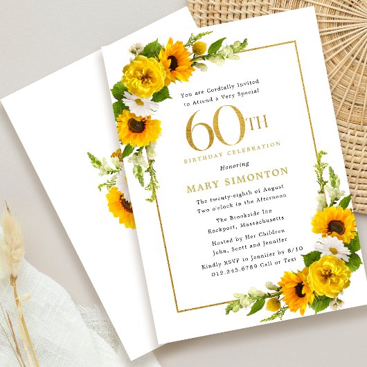 Rustic Sunflower 60th Birthday Party Invitation Kaart